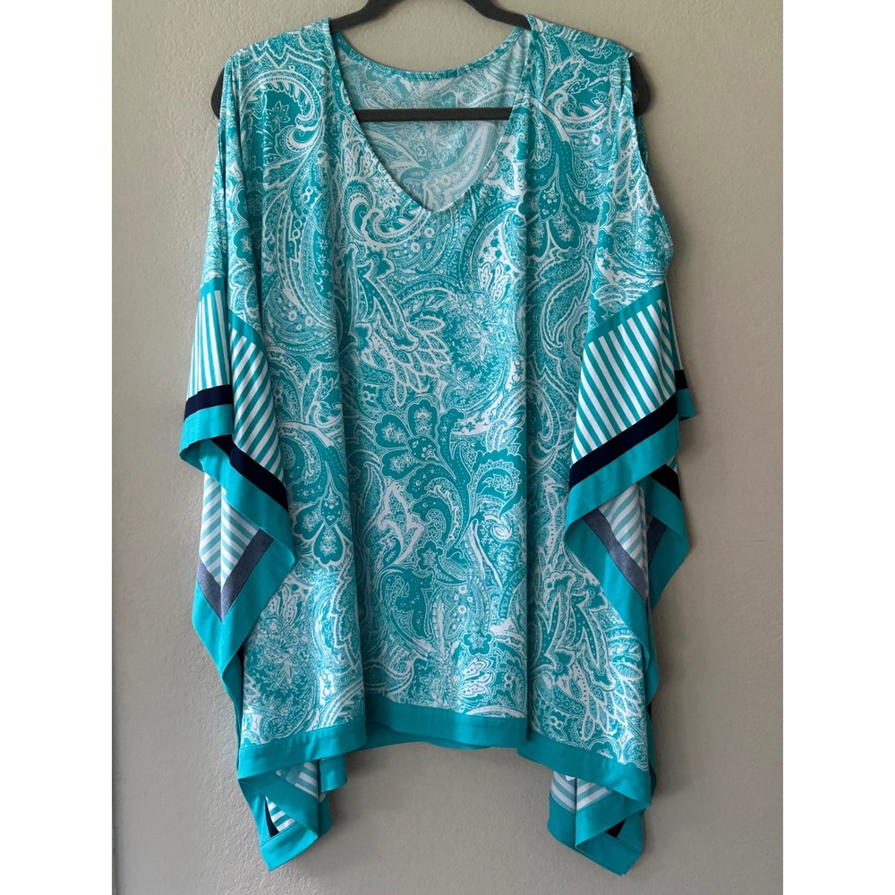 QVC Teal Paisley Cold Shoulder Poncho Top V-Neck Striped Hem A350998